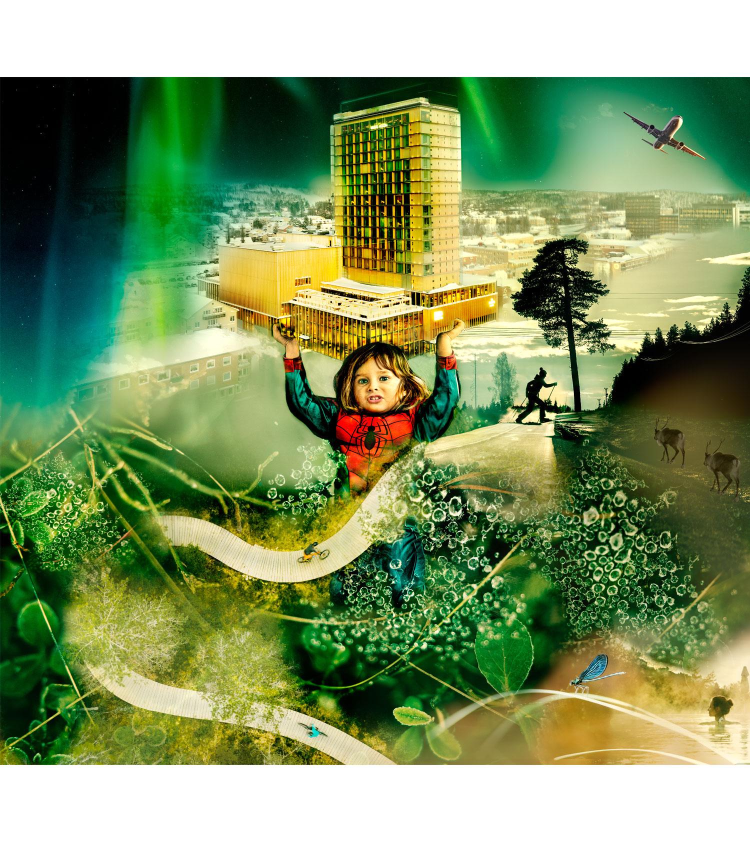 1500-x-1718-MBT-Edith-the-One Ett fotomontage: en flicka i Spidermandräkt som håller Sara Kulturhus i sina händer, runt om ser man natur, skog men också produkter som har sitt ursprung från skogen. ©Johanna Fond