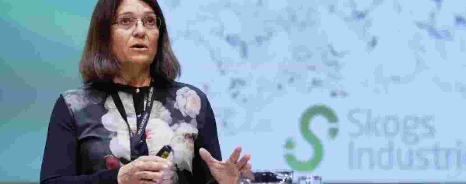 Bild på Carina Håkansson som föreläser på konferensen BIOBASE.