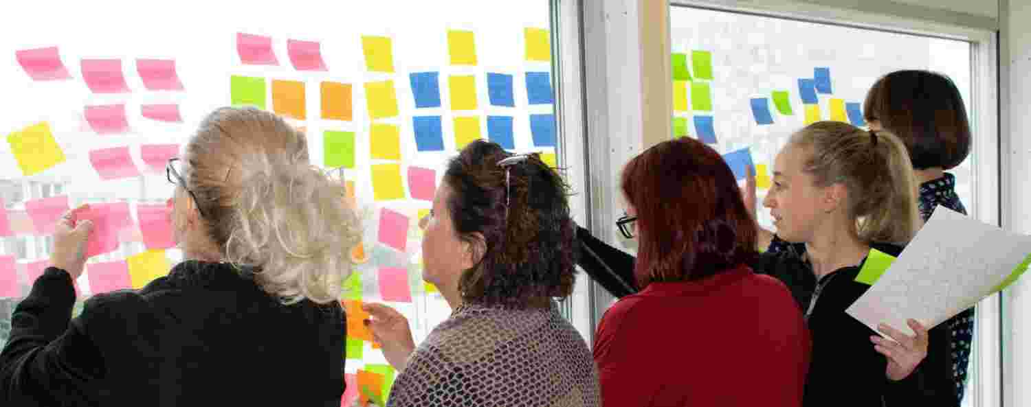 Fem personer deltar i workshop och sorterar post it-lappar