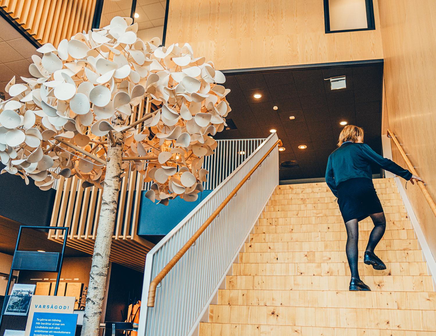 Linbäcks till hemsidan offentilga miljöer kopiera Kvinna som går upp för en trätrapp i en offentlig miljö.