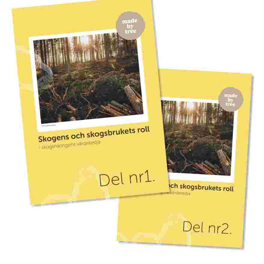Skogen och skogsbrukets roll Genrebild Ett omslag på skriften: Skogen och skogsbrukets roll. Gul skrift med bild på en gallring.