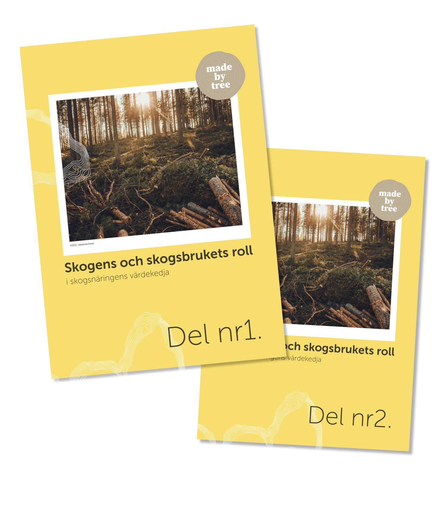 Ett omslag på skriften: Skogen och skogsbrukets roll. Gul skrift med bild på en gallring.
